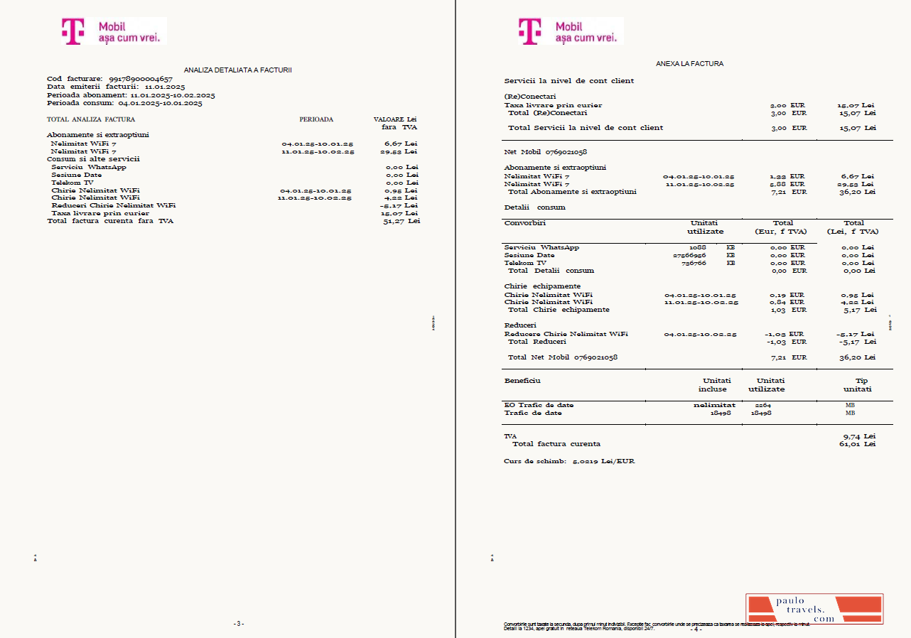 Romania T Mobile utility bill template in Word and PDF formats, 4 pages, 3 4 pages